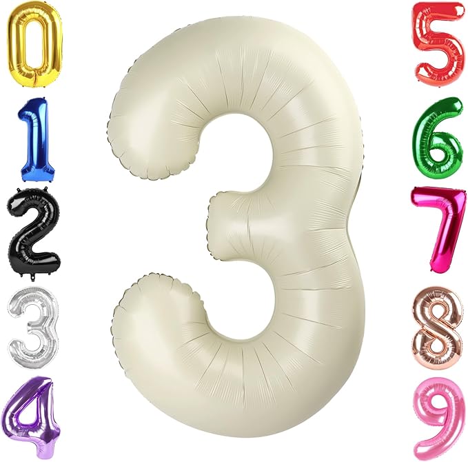 40 Inch Cream Number 3 Balloon, Giant 3 Number Balloons for 3rd Birthday Decorations, Party Supplies for Baby Boy Girl, Cream Party Decor