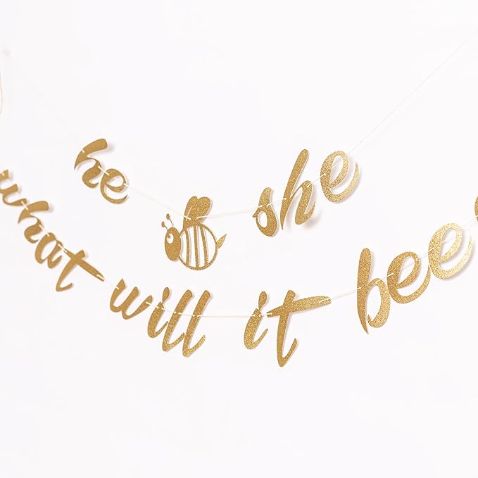 He Or She What Will Baby Bee Banner - Bumble Bee Themed Baby Shower Decorations,Honey Gold Glitter Gender Neutral Garland Party Supplies