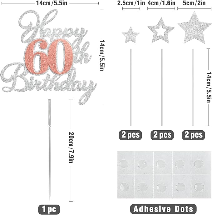 Happy 60th Birthday Cake Toppers, Rose Gold Silver Glitter Cake Decorations Set, 60th Birthday Decor, Birthday Anniversary Party Decorations Supplies