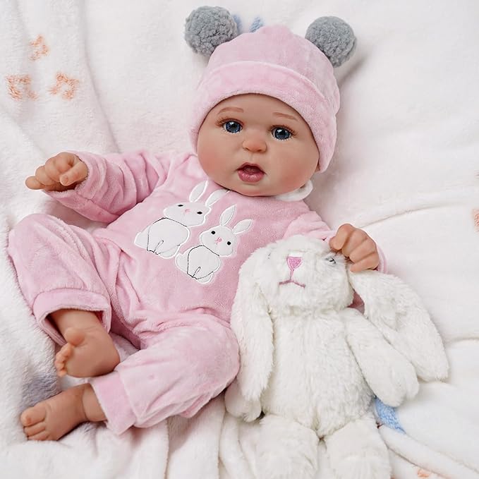 BABESIDE 2 Pcs Reborn Baby Doll Clothes with Hat for 17-22 Inch Babydolls, Cute Bunny Pattern Baby Dolls Outfits Doll Accessories fit Realistic Babydoll Girls, Pink
