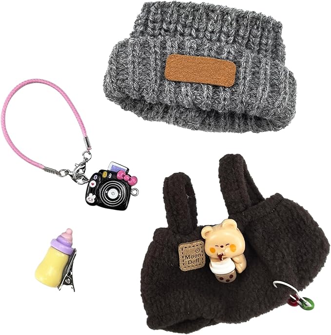 17cm Doll Clothes Set - Brown Feeding Bottle Overalls + Grey Sweater Hat + Black Cartoon Camera