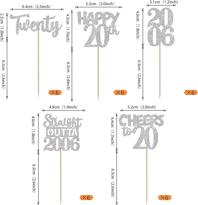 30PCS 20th Birthday Cupcake Toppers Glitter Twenty Happy 20th Straight Outta 2006 Cupcake Picks for Cheers to 20 Years Birthday Wedding Anniversary Party Cake Decorations Supplies Silver