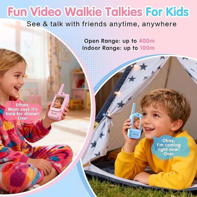 Video walkie-Talkie, 2 Sets of Rechargeable walkie-talkies, Voice Converter, 1000 feet Communication Range, Indoor Entertainment, Camping, Traveling, Birthday Gift (Blue/Pink)