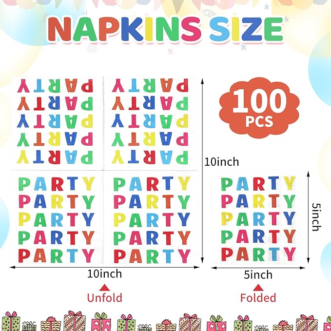 100 Pcs Party Napkins Disposable, 5x5 Inch Rainbow Napkins Colorful Birthday Napkin Dessert Cocktail Napkin for Birthday, Summer