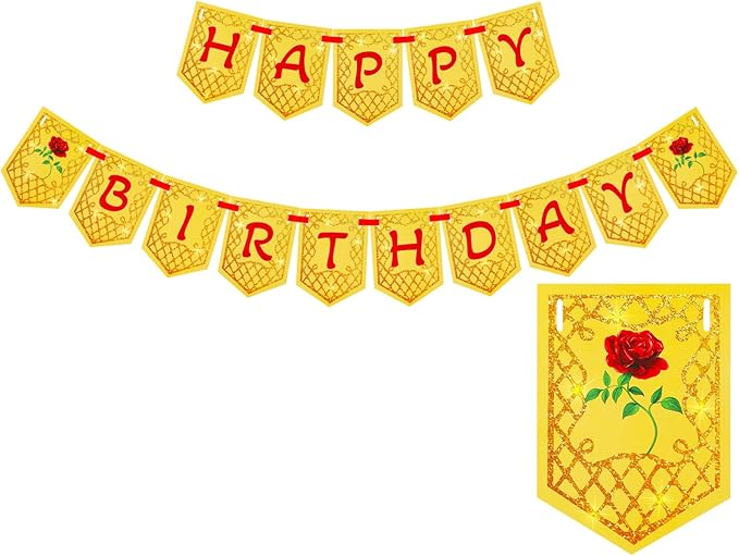 Ctosree Yellow Beauty Princess Party Supplies 8.2ft Happy Birthday Banner Signs Yellow Rose Flag Hanging Bunting Banner Flag for Photo Props Birthday Party Decoration