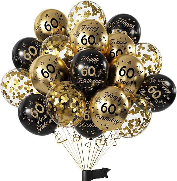 Black Gold 60th Birthday Balloons Pack of 15 Men Women Happy 60th Birthday Party Deocorations Supplies Men Women Happy 60th Birthday Ballloons Latex Confetti Balloons 12inch & Ribbon