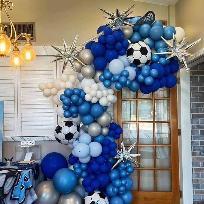 Soccer Balloon Arch Kit,Royal Blue Silver White Metallic Silver Football Balloons for Boy Soccer Birthday Party Decorations Baby Shower Wedding Anniversary Graduation Sport Themed Party Supplies
