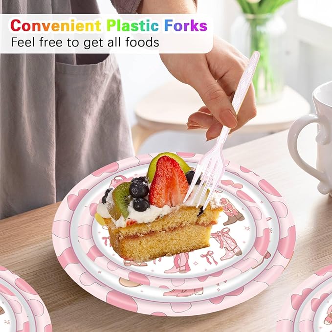 96 Pcs Cowgirl Party Supplies, Western Cowgirl Birthday Party Decorations Plates Set Includes Plate, Napkin, Forks, for Girl Birthday Decorations Baby Shower- Serve 24