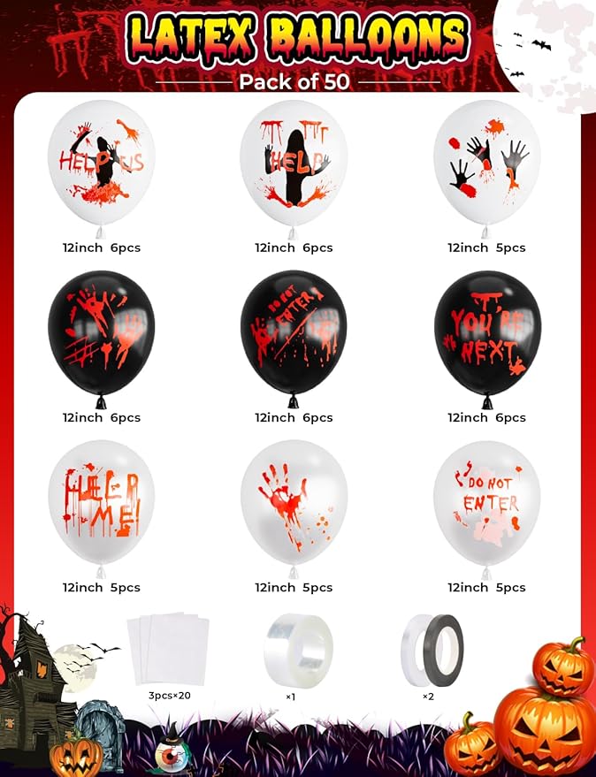 Halloween Balloons, 12 Inch Bloody Balloon, 50 Pcs Horror Balloons with Scary Blood Handprint Zombie Latex Balloon for Halloween Party, Horror Birthday Decora, Vampire Haunted House Party Supplies