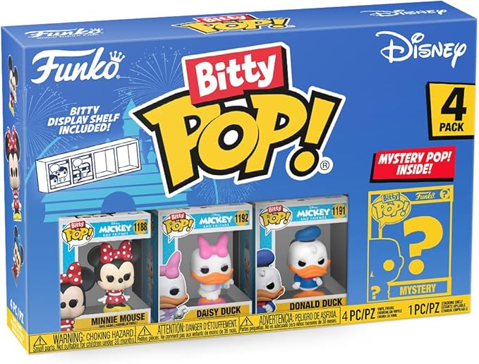 Funko Bitty POP! Disney - Minnie, 4-Pack - Minnie Mouse (red Dress), Daisy Duck, Donald Duck and A Surprise Mystery Mini Figure - 0.9 Inch (2.2 Cm) Collectable - Stackable Display Shelf Included
