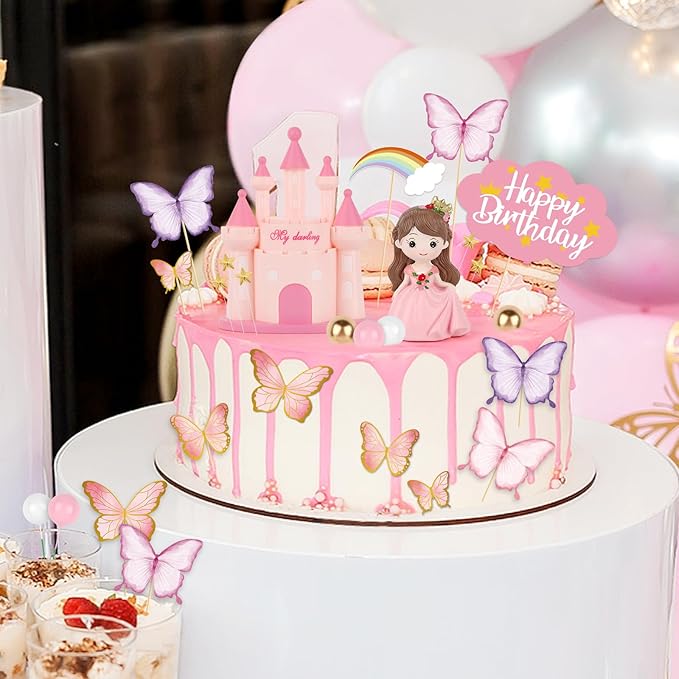 Hooqict 33PCS Princess Cake Decorations Set with Butterflies, Balls, Castle Cake Toppers & Cupcake Toppers for Girls Princess Birthday Party Decorations Tea Party Supplies