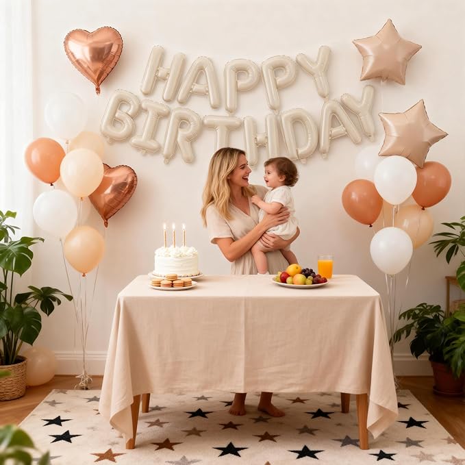 29 PC Cream Happy Birthday Balloon Banner, 16 Inch 3D Aluminum Letter Banner Sign, Apricot Champagne Gold Ivory White Balloon 18 Inch Star Heart Foil Balloons for Kids, Women, Men Party Supply