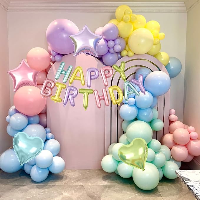29PC Pastel Happy Birthday Balloon Banner, 16Inch 3D Aluminum Letter Banner Sign, Multicolor Pastel Balloons 18 Inch Star Heart Star Foil Balloon for Women, Men Party Supply