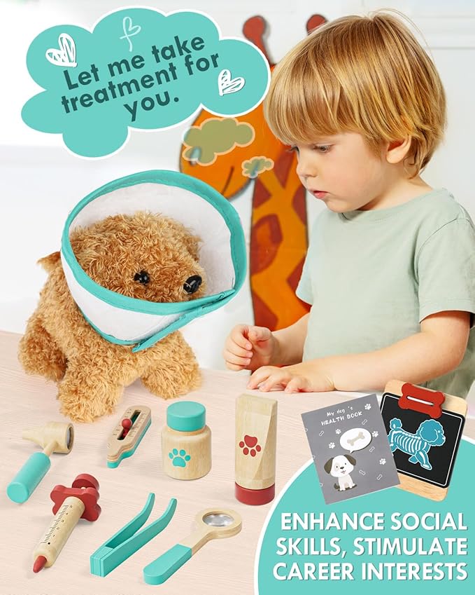 Lehoo Castle Wooden Doctor Kit for Kids, Vet Play Sets, Veterinarian Kit Pretend Play Doctor Set with Dog Bag, Medical Kits Doctor Toys Gift for Boys Girls Aged 3 4 5