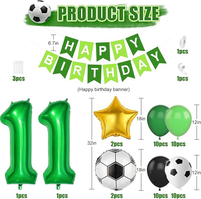 Soccer Birthday Party Decorations for Boys, 11th Soccer Birthday Decoration with Green Black White Balloons 'HAPPY BIRTHDAY' Banner Cake Toppers 32in Foil 11 Balloon for Boys Men Sports Party Decor
