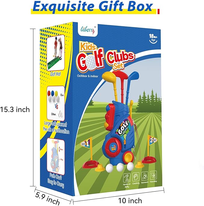 Liberry Toddler Golf Set with Putting Mat for 2 3 4 Years Old Boys Girls, Upgraded Kids Golf Cart with Unique Shoulder Strap Design, Indoor and Outdoor Golf Toys Gifts