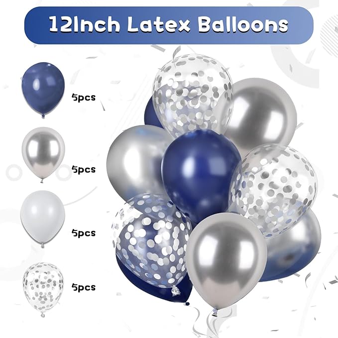 Navy Blue Silver Birthday Decorations for Men - Confetti Balloons, Happy Birthday Banner, Silver Fringe Curtain, Tissue Paper Pompoms, Star Garland