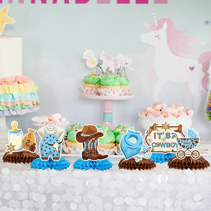 Gameza Western Cowboy Baby Shower Decorations, 9PCS a Little Cowboy is on The Way Baby Shower Honeycomb Centerpiece Decoration, Western Themed Gender Reveal Decor Supplies