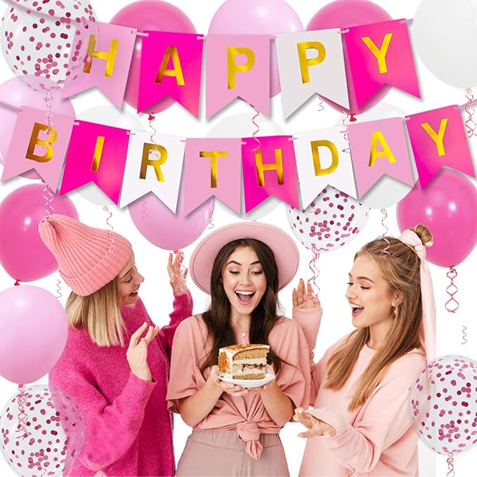 Pink Birthday Decorations, Happy Birthday Banner, 16 pcs 12 inch Balloons with 2 Ribbons for Girl and Women Party Decoration