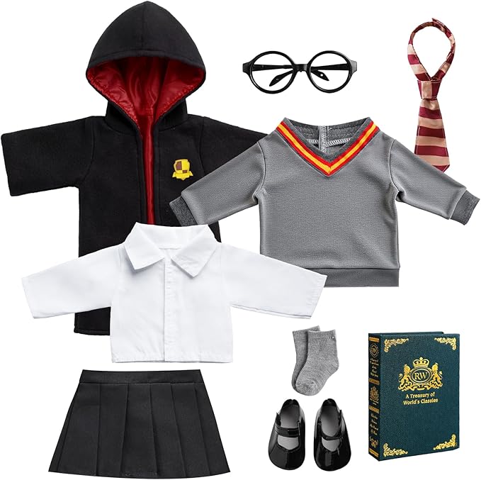 BABESIDE 9PCS Reborn Baby Doll Clothes for 18 Inch Dolls, Doll Outfit Accessories with Robe, Glasses, Tie, Skirt & Shoes fit Baby Dolls, Pretend Play for Girls