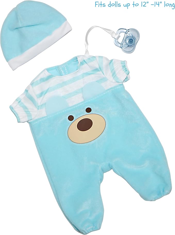 JC Toys |Blue Bear Onesie | Baby Doll Outfit + Hat + Pacifier | | Ages 2+ | Fits Dolls 12"- 14"