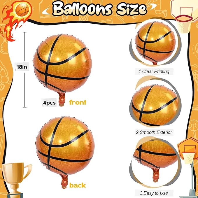 18 Inch Basketball Balloons Decor, 4PCS Orange and Black Basketball Foil Balloon for Party Decorations, Mylar Sport Balloons for Boys Men Sports Theme basketball Birthday Party Decorations Supplies