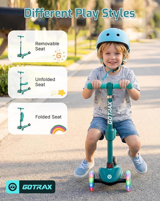Gotrax KS3 Kids Kick Scooter, LED Lighted Wheels, Adjustable Height Handlebars and Removable Seat, Lean-to-Steer & Widen Anti-Slip Deck, 3 Wheel Scooter for Kids Ages 2-8 and up to 110 Lbs