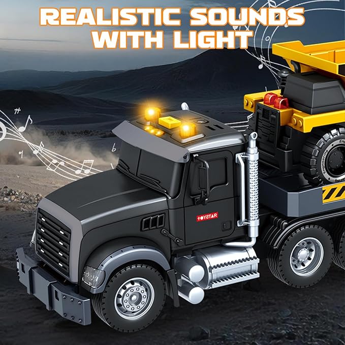 Construction Carrier Truck Toys,21" Semi-Trailer Toy with Excavator and Dump Toddler Boy Toys for 3 4 5 6 7 Years Kids Friction Powered Vehicle Car Toy with Lights & Sounds, Birthday for Boys Girls