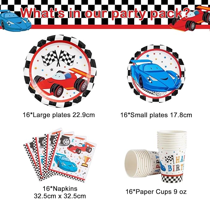 WERNNSAI Race Car Party Decorations - 64 PCS Car Plates Napkins Cups Black and White Checkered Themed Dinnerware for Kids Boys Two Fast irthday Supplies Favors Serves 16 Guests