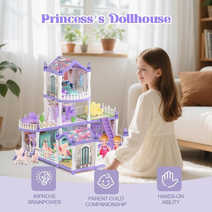 Dollhouse Set with 2 Dolls&4 unicons Dreamy Doll House with 9 Rooms 3 Floors 2 Pets, 12 Pieces Furniture and Accessories, Birthday Princess Dollhouse for Girls for 3 to 12 Years Old
