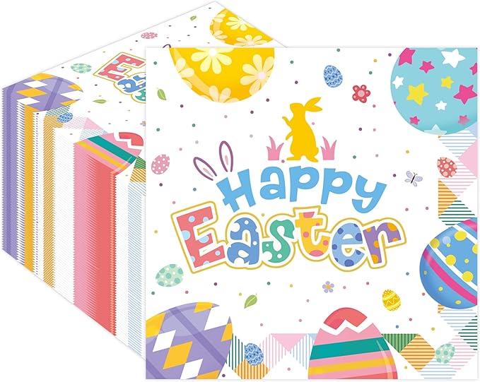 50Pcs Happy Easter Paper Napkins - Cartoon Colorful Eggs Bunny 13 x 13 Inches Luncheon Napkins Disposable Dessert Dinner Hand Napkins for Easter Birthday Party Supplies