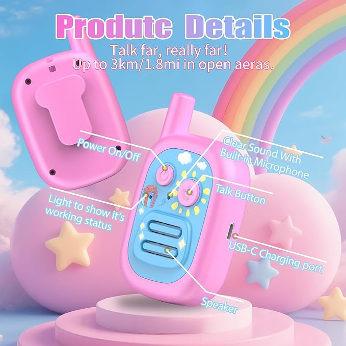 Walkie Talkies for Kids 3 Pack,3 Miles Family Walky Talky Children Radio Long Range,22 Channels Kids walkie talkies with VOX Function,3-12 Years Old Boys Girls Xmas Birthday (Pink 001)