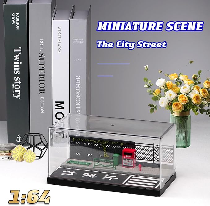 1/64 Model Car Display Case Diorama Garage,Simulated Parking Lot Model Miniature Scene Parking Lot PVC Assembly with Light Parking Space Model Display Frame Toy Display Box (Road Scene Garage)