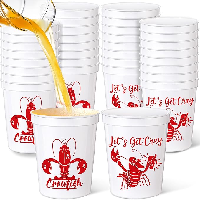24 Pcs Plastic Crawfish Cups 16 oz Reusable Thick Crawfish Boil Party Supplies White Drinking Cups for Birthday Lobster Seafood Party Decorations Favors Gift