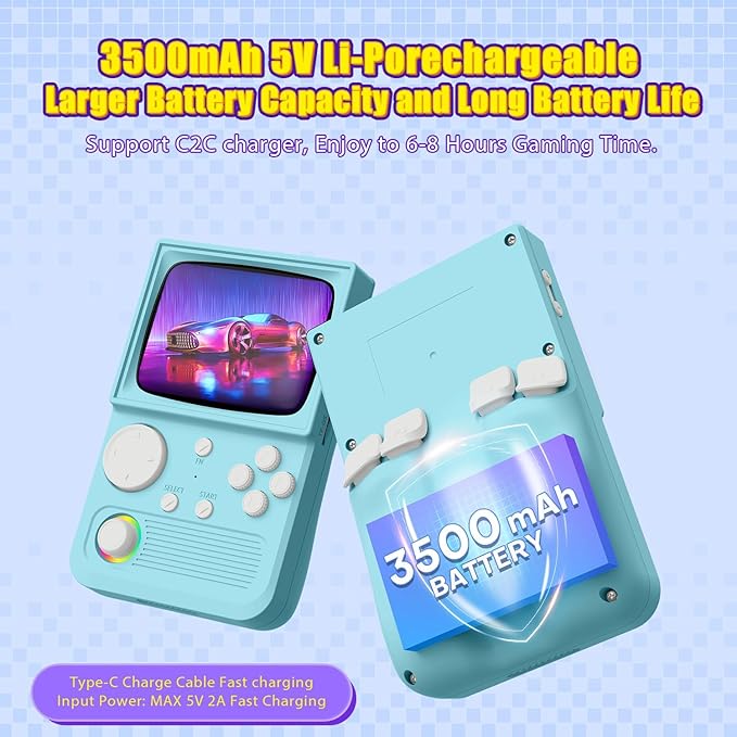 R36T Retro Gaming Console, 3.5'' IPS Screen CRT-Inspired, Handheld Game Console with 18000+ Classic Games Supports WiFi Networked Fighting and OTG, 3500mAh Battery, with Portable Case（Blue 64GB）