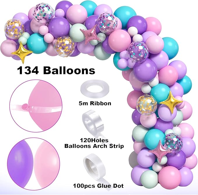 Winrayk 144Pcs Purple Unicorn Party Decorations Birthday Supplies for Girls, Purple Pink Blue Balloon Arch Kit with Backdrop Tablecloth Foil Balloons, Kids Rainbow Unicorn Themed Birthday Decorations