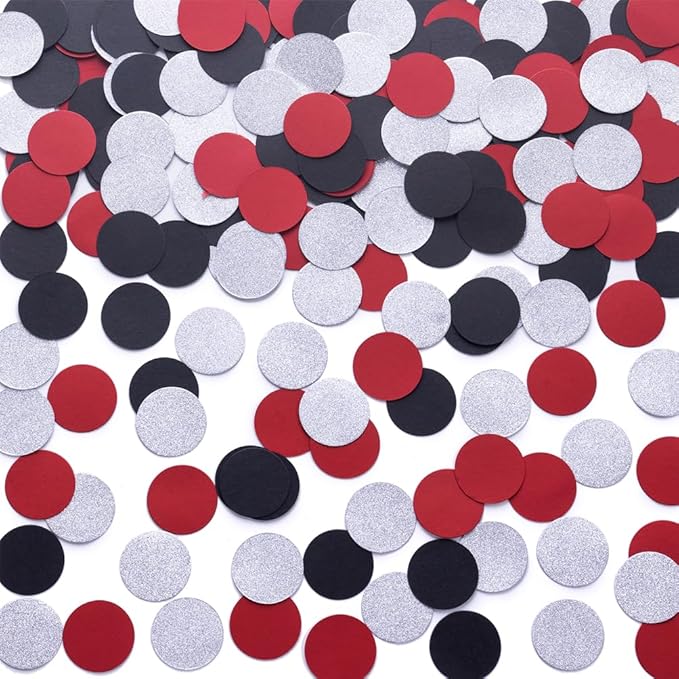 Silver Black and Red Confetti Table Decoration for Birthday Retirement Halloween Graduation Theme Party,1.2 inch in Diameter,200 Counts
