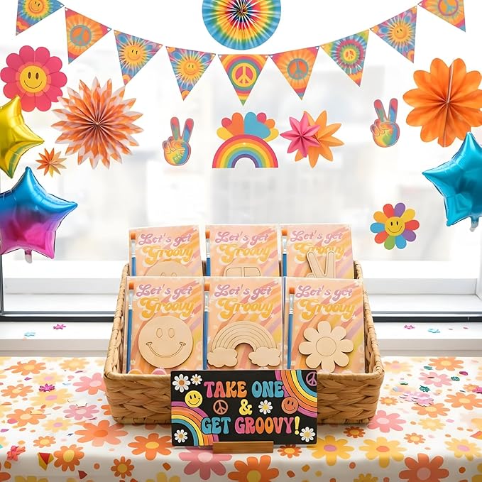 BOIKOKY 12 Pack Pre-Packaged Groovy Party Favors, Wooden Retro Cutouts with Magnets & Painting Kits for Kids, 70s Theme Birthday Decorations & Thank You Gifts for Guests