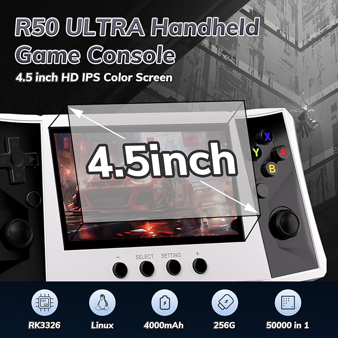 FVBADE 【50000 in 1】 R50 Ultra Handheld Game Console 4.5 inch IPS Screen Mini Retro Console 4000mAh Portable Pocket Arcade 12+ Mainstream Emulator 256G TF Card Transparent(White)