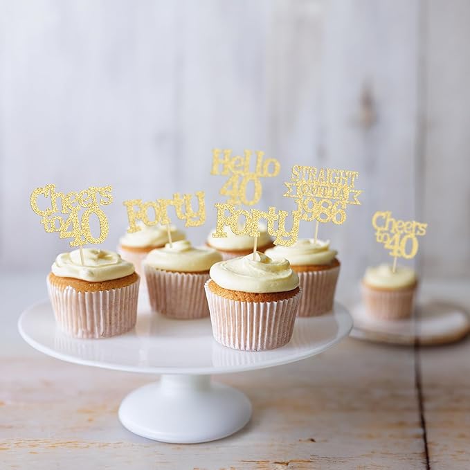 Ephlyn 24Pcs Happy 40th Birthday Cupcake Toppers Glitter Forty Cupcake Picks Hello 40 Cheers to 40 Years Birthday Cake Decorations for 40th Birthday Anniversary Party Supplies Gold