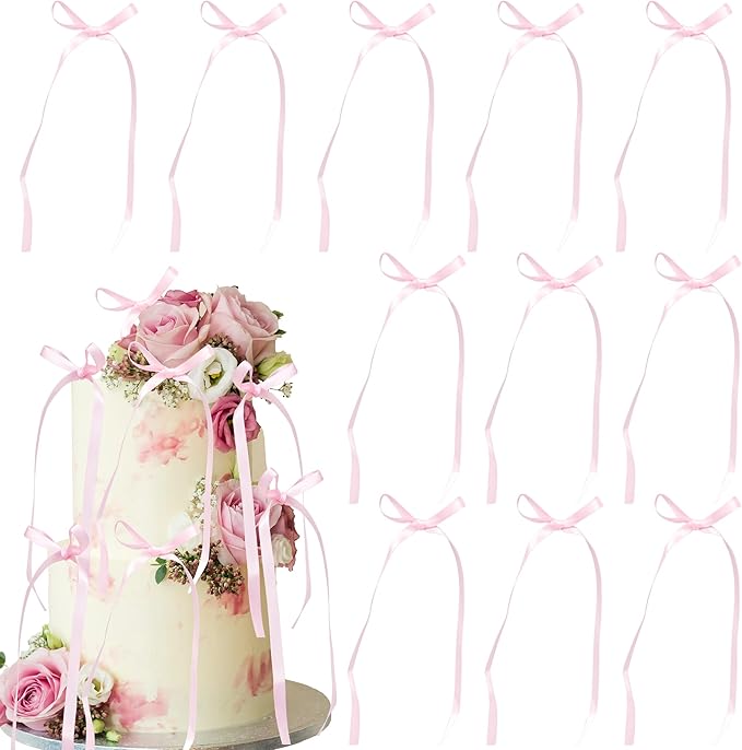 Ephlyn 30Pcs Bow Cupcake Toppers Valentine's Bowknot Ribbons Coquette Bow High Footed Cup Balloon Wall Party Decorations Cake Dessert Picks Birthday Wedding Party Supplies Pink