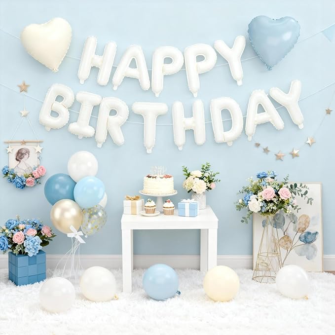 29PC Blue Heart Happy Birthday Balloon Banner, 16Inch 3D Aluminum Letter Banner Sign, Dusty Blue Metallic Gold Sand White Balloon 18 Inch Heart Foil Balloons for Boy Baby Shower Decorations
