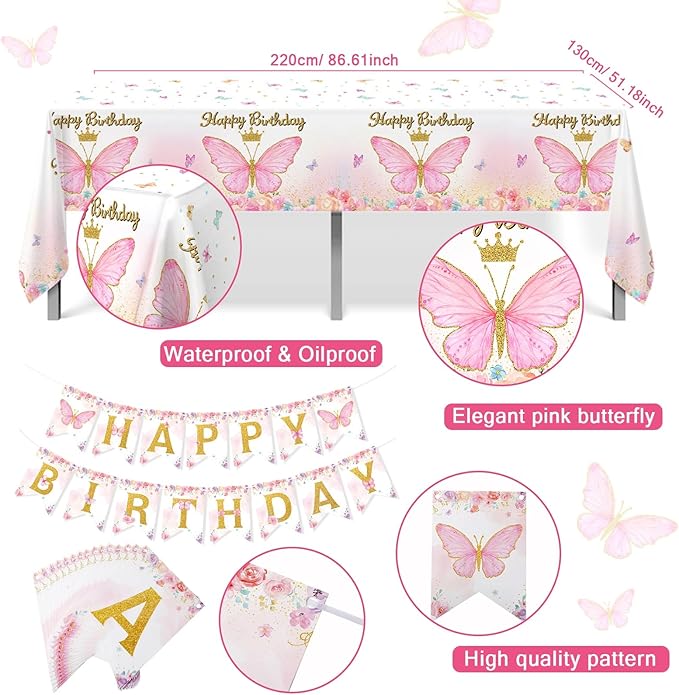 Butterfly Decorations for Girls, Pink Butterfly Themed Birthday Decorations Party Supplies with Balloon Arch Kit Backdrop Banner Foil Balloons Wall Decor, Princess Baby Shower Bday Party