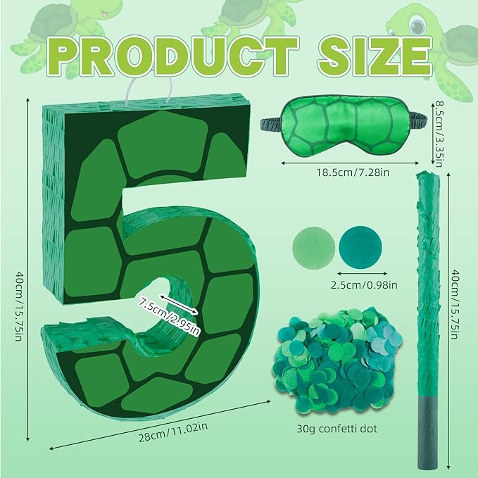 16 Inch Turtle Number 5 Pinata, Turtle Birthday Decorations, Turtle Theme Pinata with 16 Inch Stick Blindfold Confetti for Boy Girl Kids 5th Birthday Party Supplies(5th)