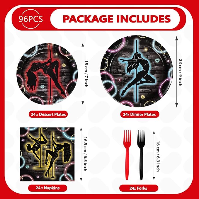 96Pcs Pole Dance Party Supplies Pole Dancing Party Plates Disposable Paper Dance Tableware Set for Girls Bachelorette Birthday Decorations Serves 24