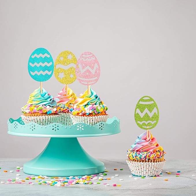 Ercadio 24Pcs Glitter Colorful Easter Eggs Cupcake Toppers Glitter Easter Eggs Cupcake Picks for Easter Egg Hunting Cupcake Toppers Easter Day Baby Shower Birthday Wedding Party Supplies