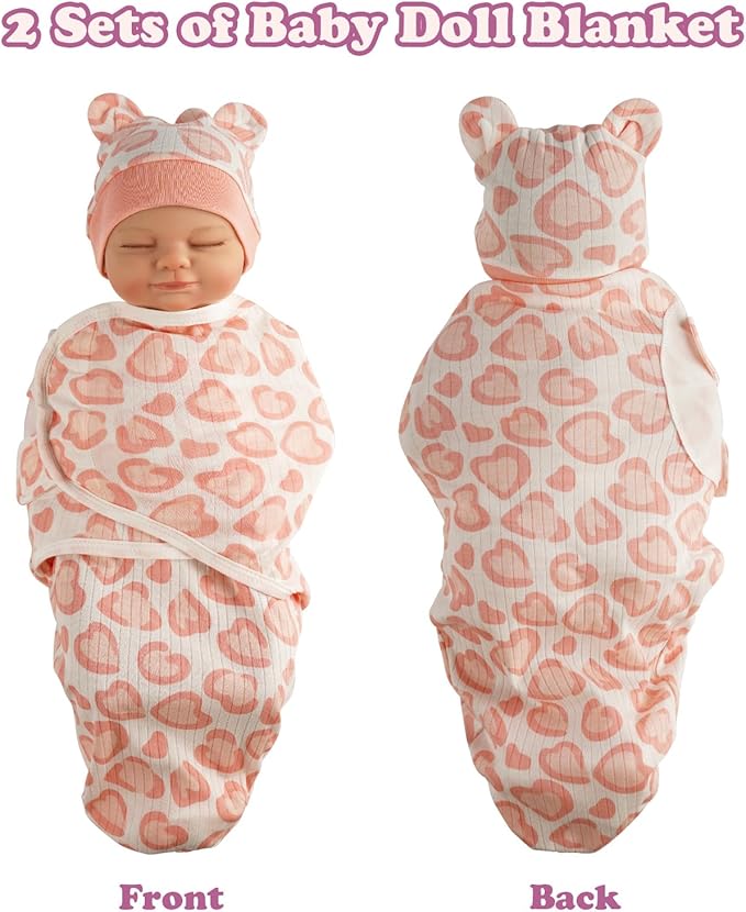 BABESIDE 2 Sets of Reborn Baby Doll Blankets with Hats for 17-24 Inch Babydolls, Reborn Baby Doll Accessories Set Babydolls Swaddle Blankets for Realistic Dolls Girl, Pink & Purple