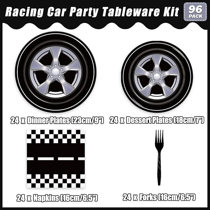 96 Pcs Race Car Party Plates and Napkins Sets, Racing Car Race Track Party Supplies Decorations Racing Sports Themed Dinnerware for Boys Birthday Baby Shower Home Decor, Serves 24
