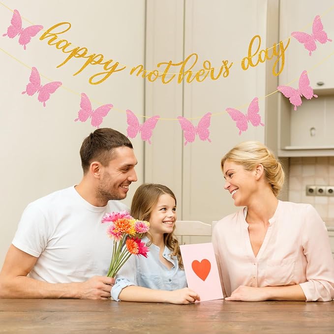 Happy Mother's Day Banner Decorations for Party Glitter Gold Pink Butterfly for Mother's Day Party Decorations Backdrop Garland Photo Props