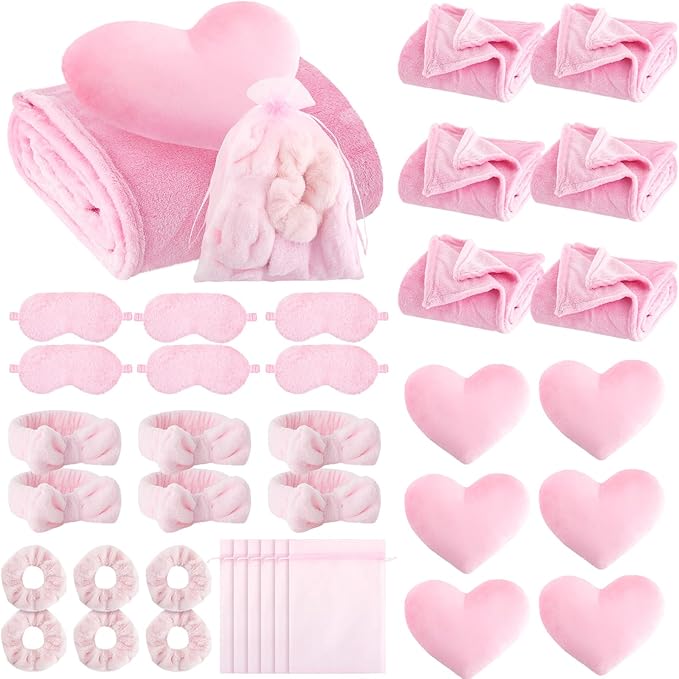 36 Pcs Sleepover Party Supplies for Girl Spa Slumber Birthday Favors Throw Blanket Pillow Eye Mask Headband Scrunchies (Solid Color,Pink)